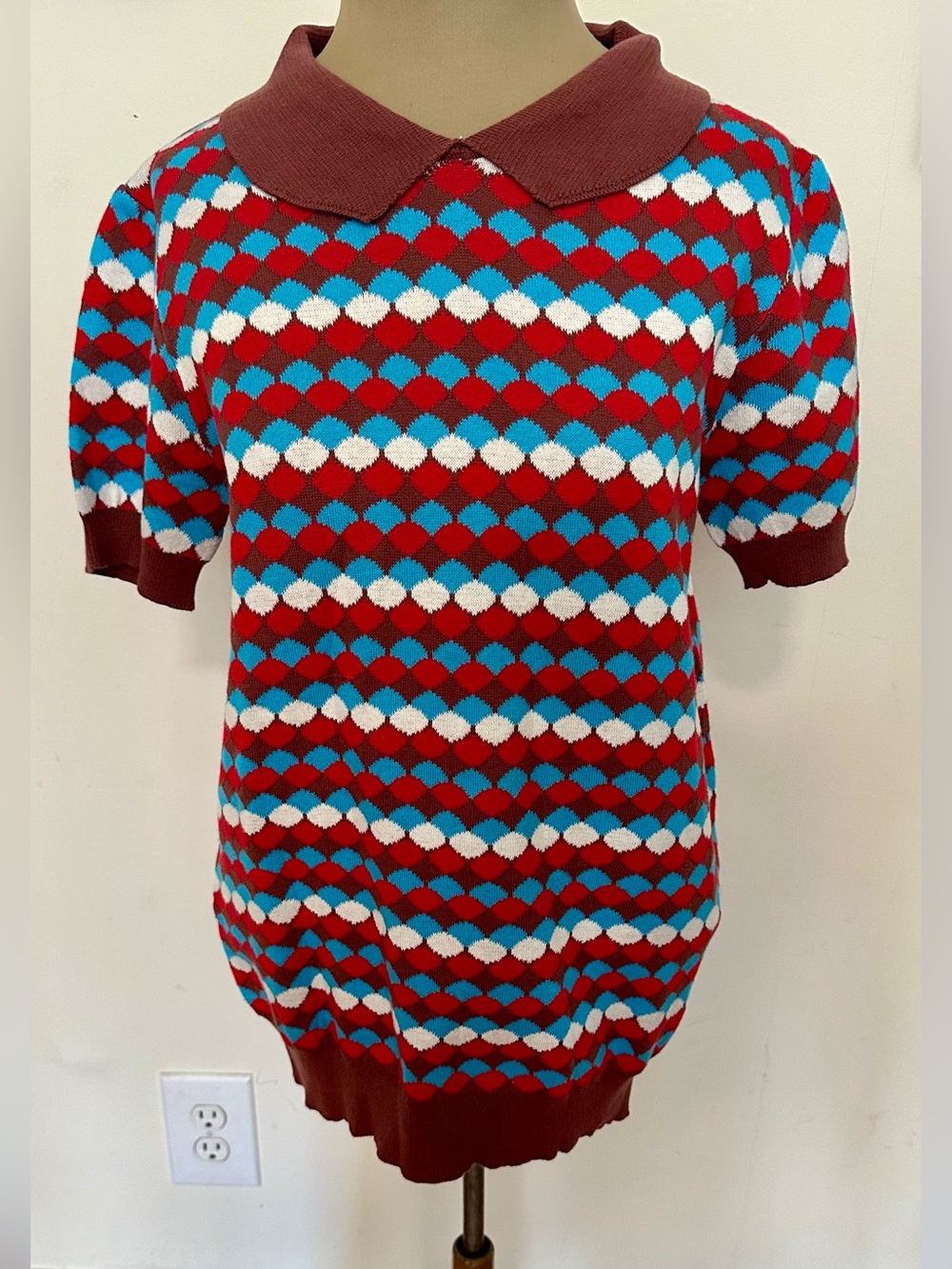 OxKnit Short-Sleeve Scoop-Collar Knit Sweater in Red, Blue & White 100% Cotton